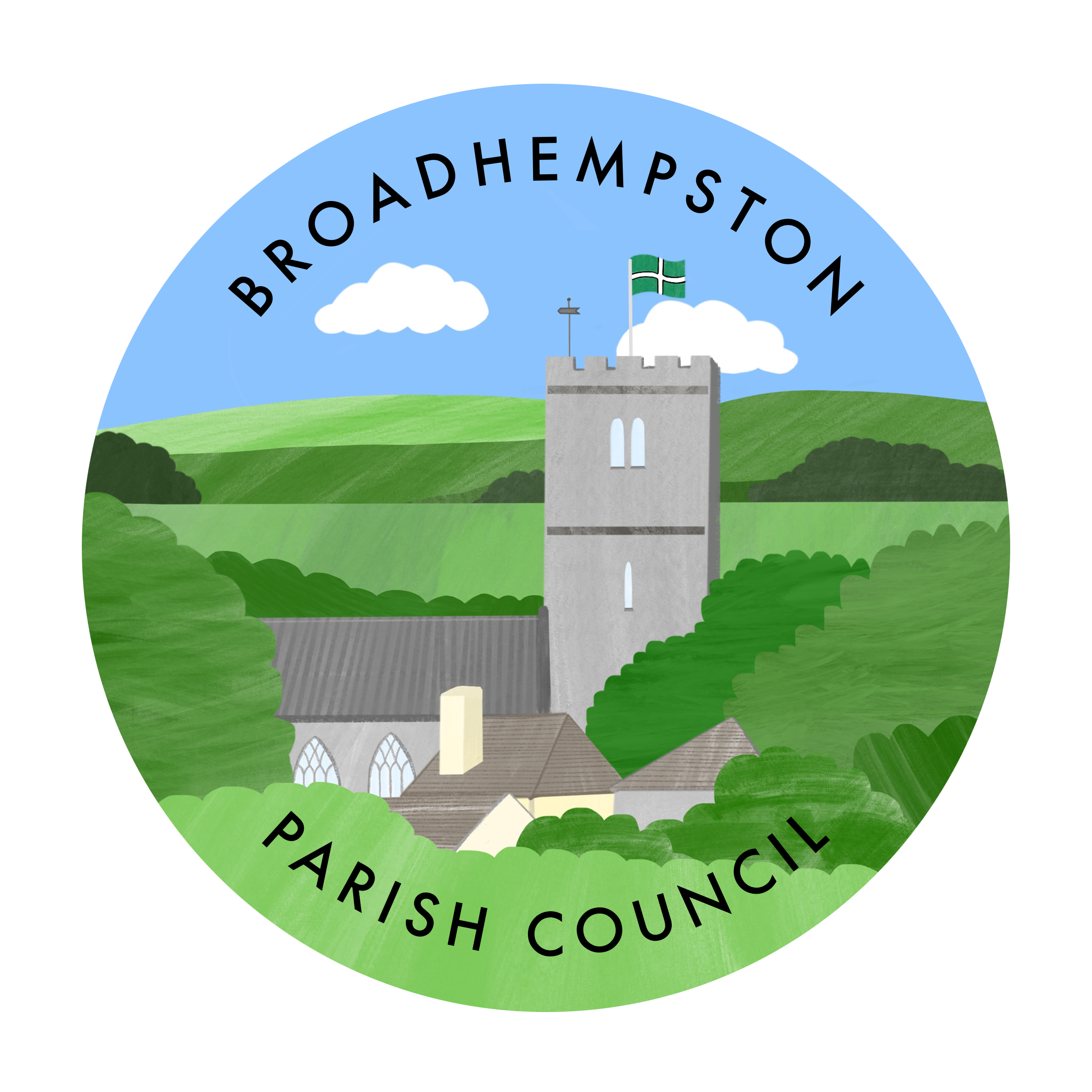 logo for council, church, trees and houses